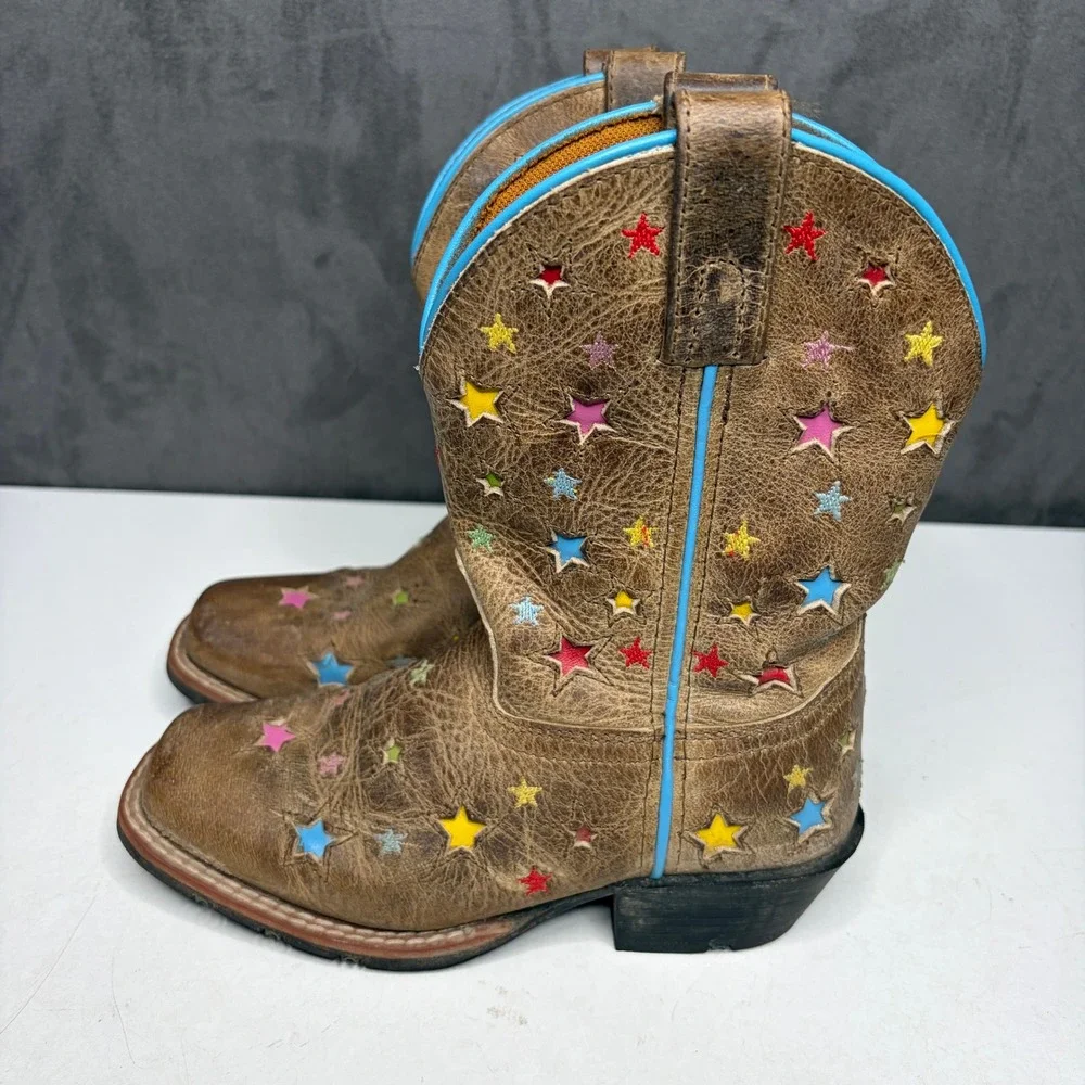 Dan Post Cowboy Boots Kids 13D Brown Multi Color Star Cutout Square Toe DPC2952